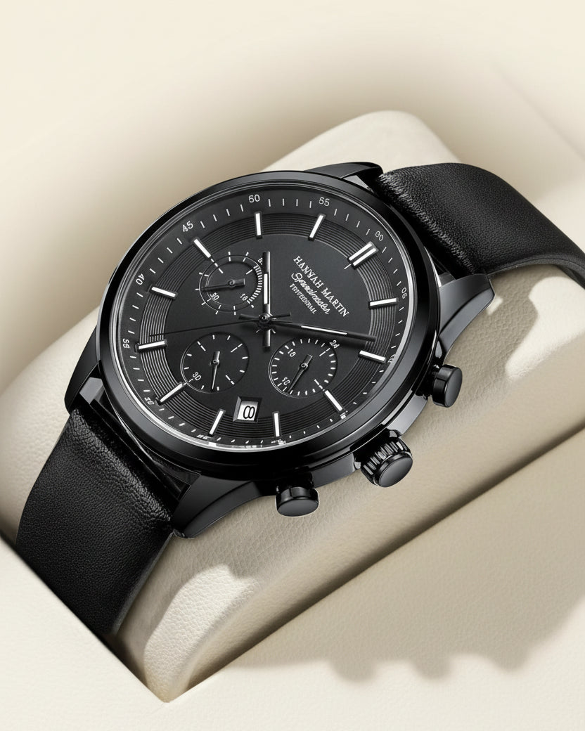 St. Martin Co All-Black Chronograph with Leather Strap — side view