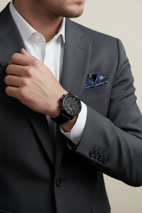 St. Martin Co All-Black Chronograph with Leather Strap — detail view