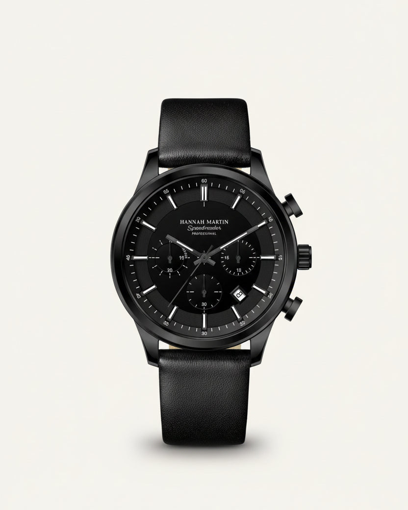 St. Martin Co All-Black Chronograph with Leather Strap — front view