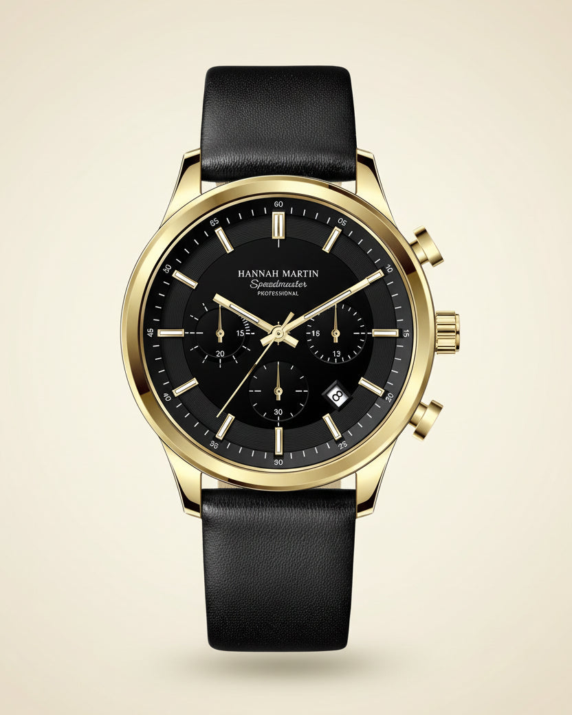 St. Martin Co All-Black Chronograph with Leather Strap — detail view