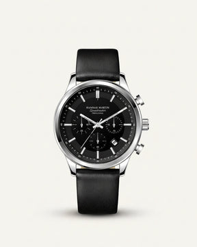 St. Martin Co All-Black Chronograph with Leather Strap — lifestyle view