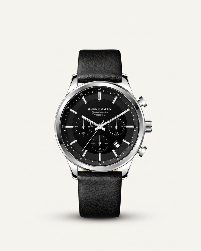 St. Martin Co All-Black Chronograph with Leather Strap — lifestyle view