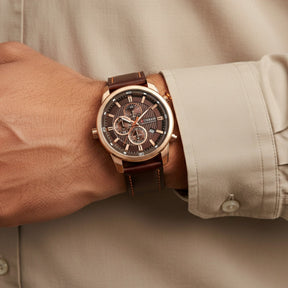 St. Martin Co Brown Dial Rose Gold Chronograph Watch — back view
