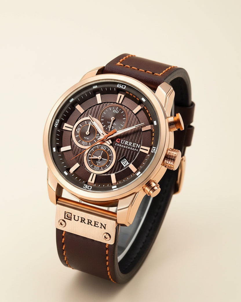 St. Martin Co Brown Dial Rose Gold Chronograph Watch — detail view
