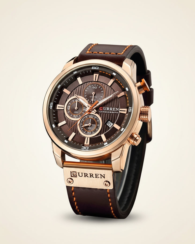 St. Martin Co Brown Dial Rose Gold Chronograph Watch — front view