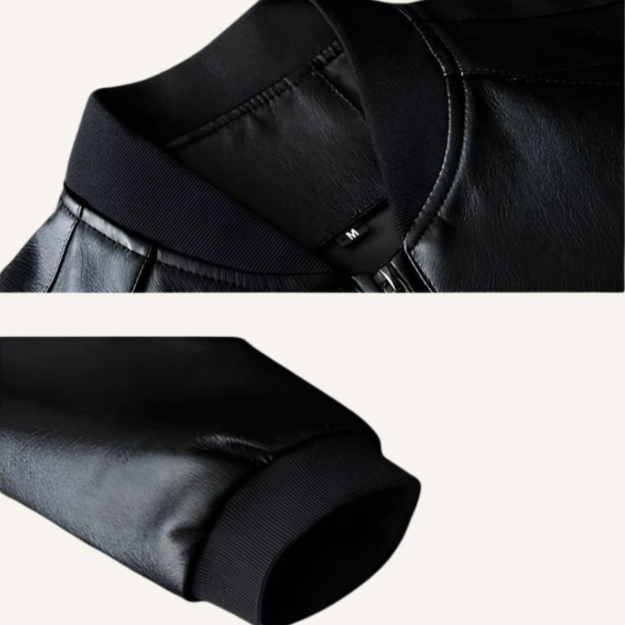 St. Martin Co Black Leather Bomber Ribbed Collar Jacket — detail view