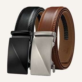 St. Martin Co Tan Leather Ratchet Belt Brushed Buckle — detail view