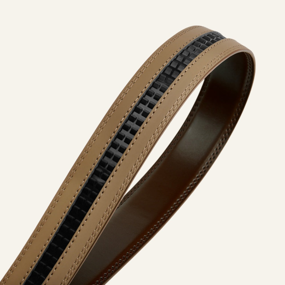 St. Martin Co Tan Leather Ratchet Belt Brushed Buckle — detail view