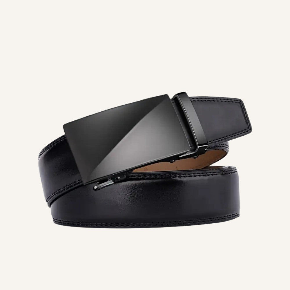 St. Martin Co Tan Leather Ratchet Belt Brushed Buckle — detail view