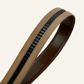 St. Martin Co Tan Leather Ratchet Belt Brushed Buckle — detail view