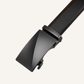 St. Martin Co Tan Leather Ratchet Belt Brushed Buckle — detail view