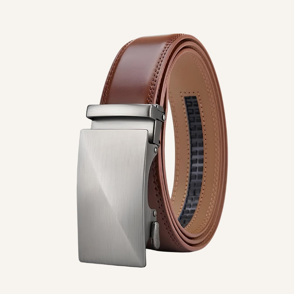 St. Martin Co Tan Leather Ratchet Belt Brushed Buckle — front view