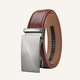 St. Martin Co Tan Leather Ratchet Belt Brushed Buckle — front view