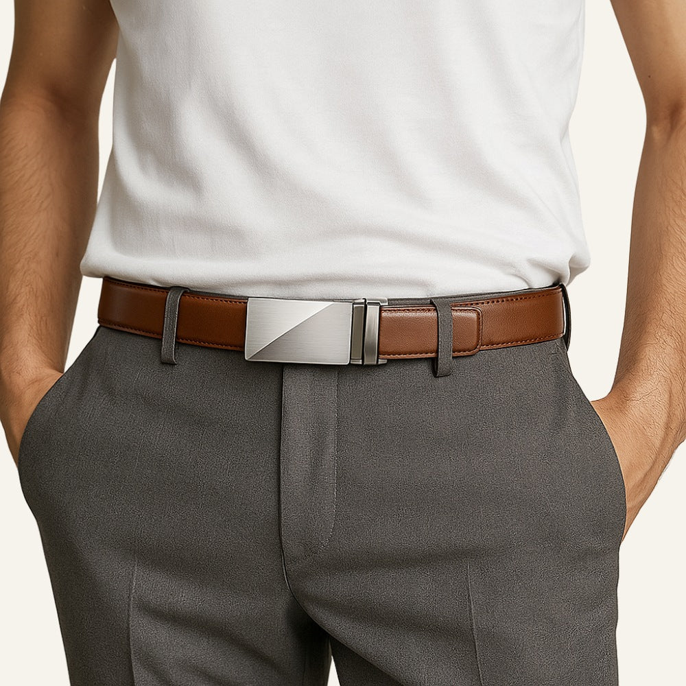 St. Martin Co Tan Leather Ratchet Belt Brushed Buckle — side view