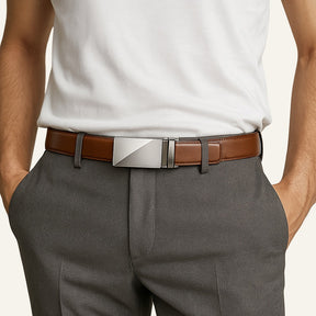 St. Martin Co Tan Leather Ratchet Belt Brushed Buckle — side view