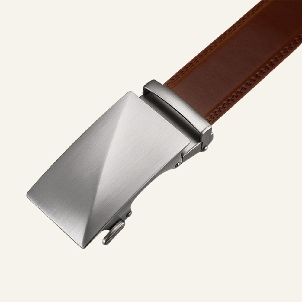 St. Martin Co Tan Leather Ratchet Belt Brushed Buckle — detail view