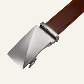 St. Martin Co Tan Leather Ratchet Belt Brushed Buckle — detail view