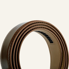 St. Martin Co Tan Leather Ratchet Belt Brushed Buckle — lifestyle view