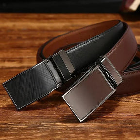 St. Martin Co Saffiano Ratchet Belt Gunmetal Square Buckle — detail view
