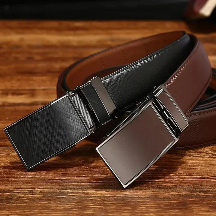 St. Martin Co Saffiano Ratchet Belt Gunmetal Square Buckle — detail view