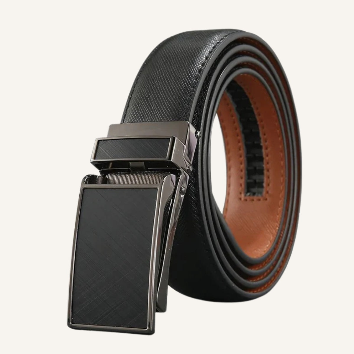 St. Martin Co Saffiano Ratchet Belt Gunmetal Square Buckle — front view