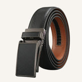 St. Martin Co Saffiano Ratchet Belt Gunmetal Square Buckle — front view