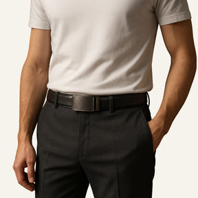 St. Martin Co Saffiano Ratchet Belt Gunmetal Square Buckle — back view