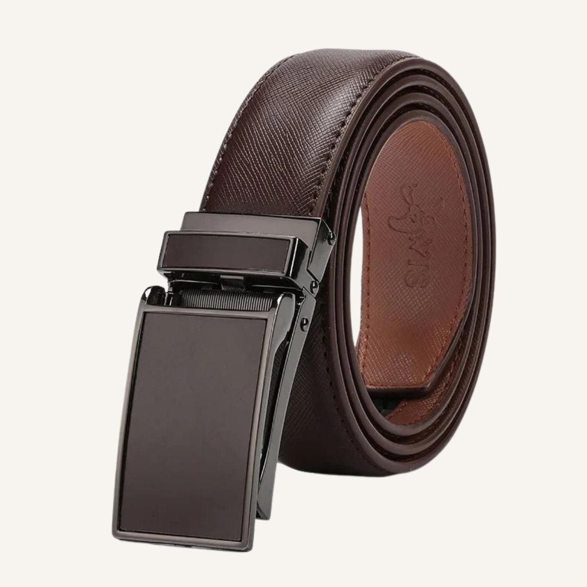 St. Martin Co Saffiano Ratchet Belt Gunmetal Square Buckle — side view