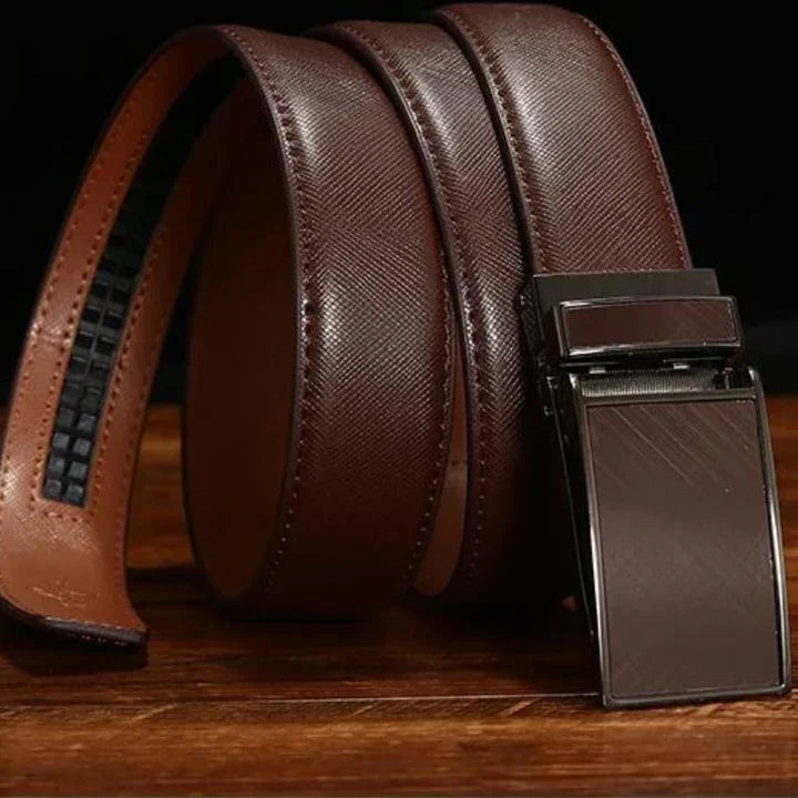 St. Martin Co Saffiano Ratchet Belt Gunmetal Square Buckle — lifestyle view