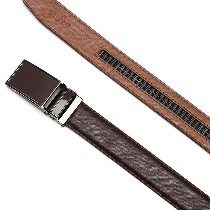 St. Martin Co Saffiano Ratchet Belt Gunmetal Square Buckle — detail view