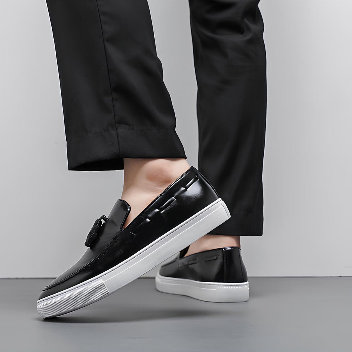 St. Martin Co Black Tassel Loafer on Flatform Sole — side view