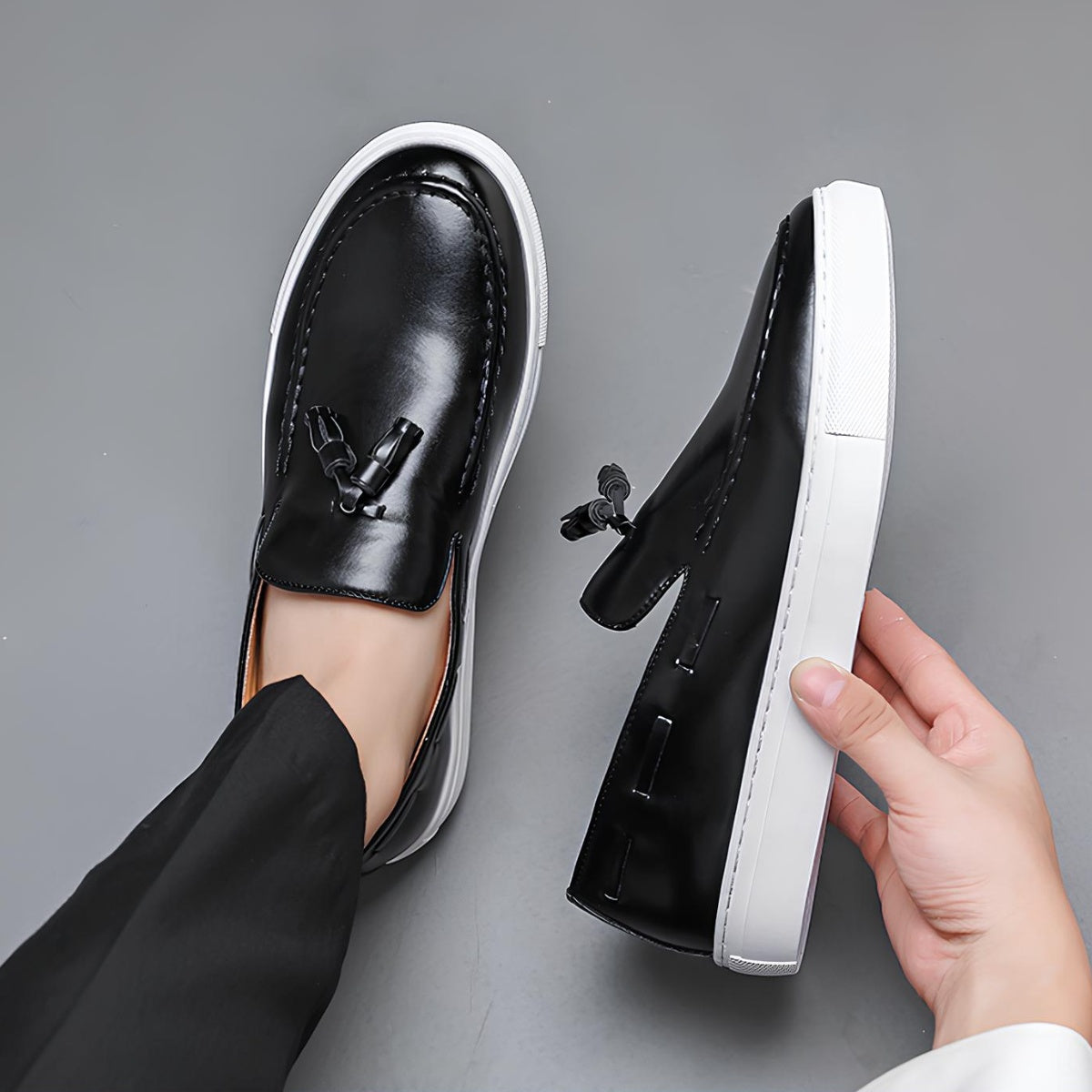 St. Martin Co Black Tassel Loafer on Flatform Sole — detail view