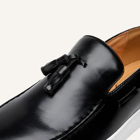 St. Martin Co Black Tassel Loafer on Flatform Sole — lifestyle view