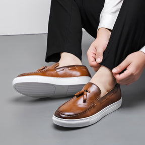 St. Martin Co Black Tassel Loafer on Flatform Sole — detail view