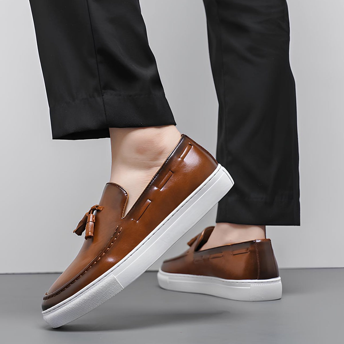 St. Martin Co Black Tassel Loafer on Flatform Sole — detail view