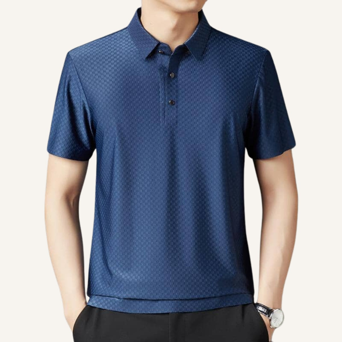 St. Martin Co Slate Grid Jacquard Short-Sleeve Polo — detail view