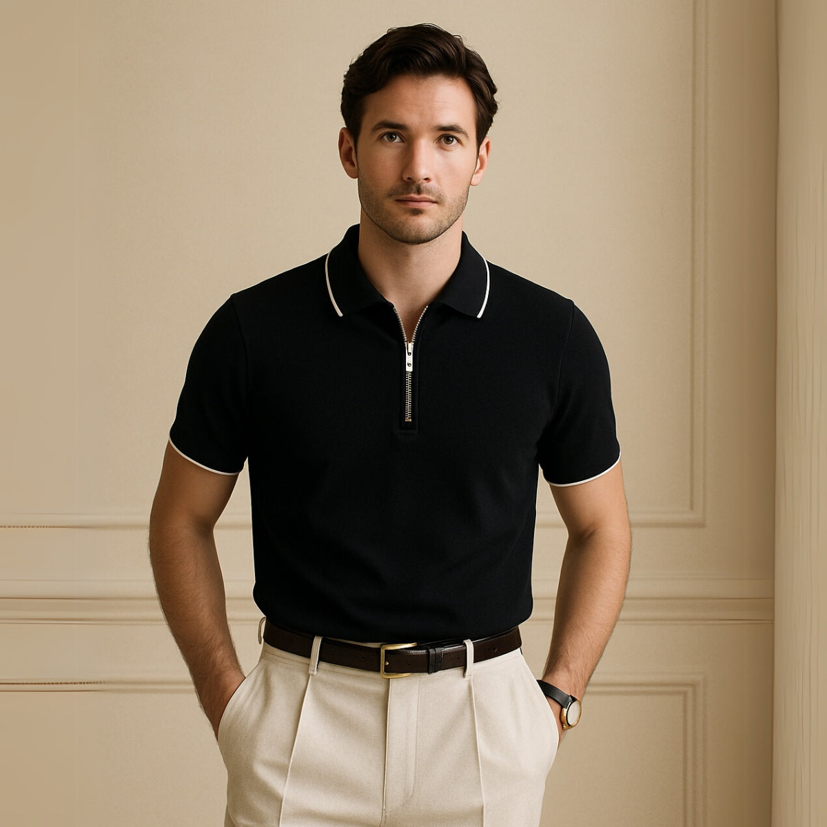 St. Martin Co Cream Quarter-Zip Tipped Collar Polo — detail view