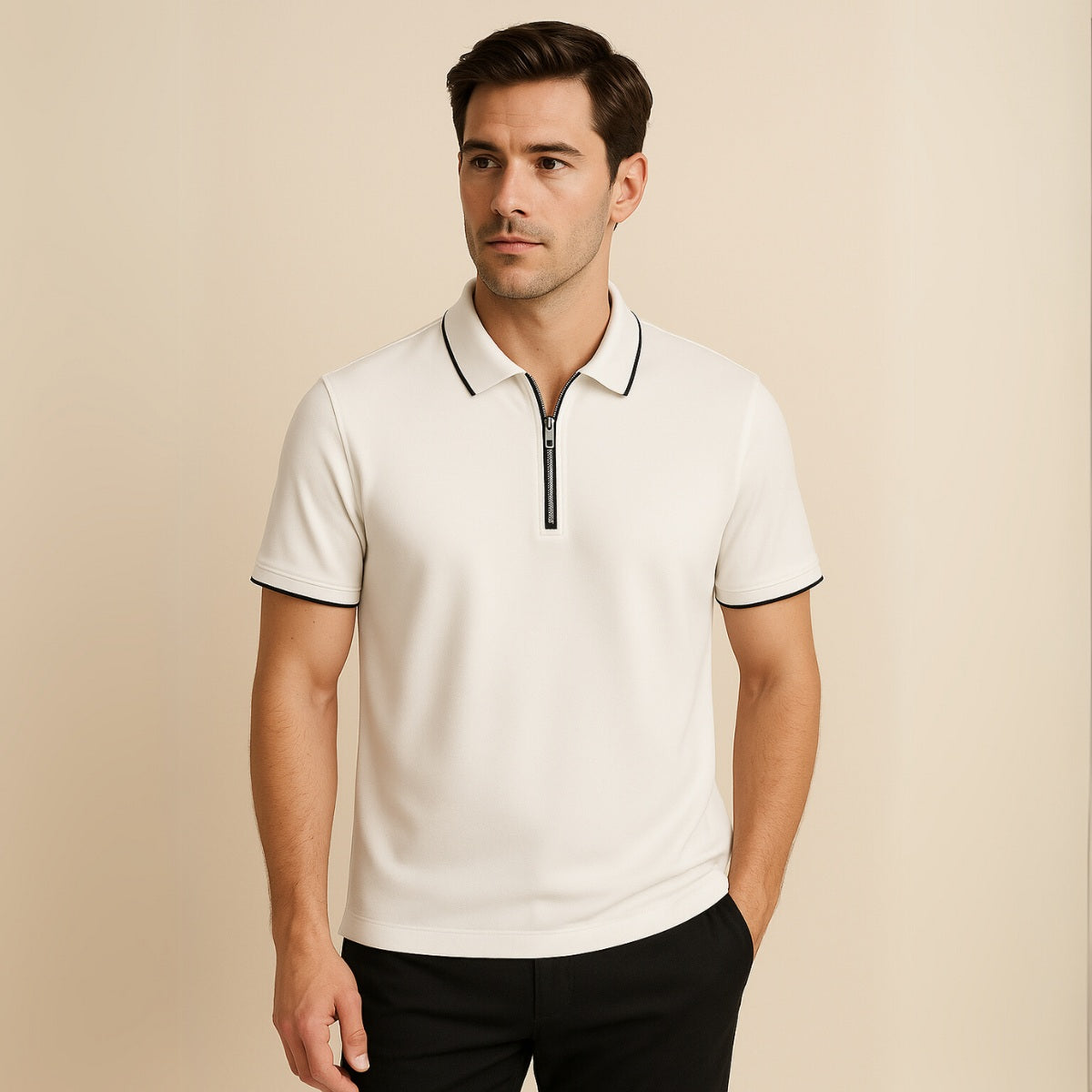 St. Martin Co Cream Quarter-Zip Tipped Collar Polo — back view
