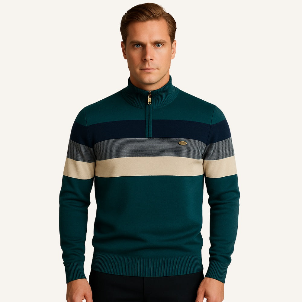 St. Martin Co Broad-Stripe Quarter-Zip Knit in Navy — detail view