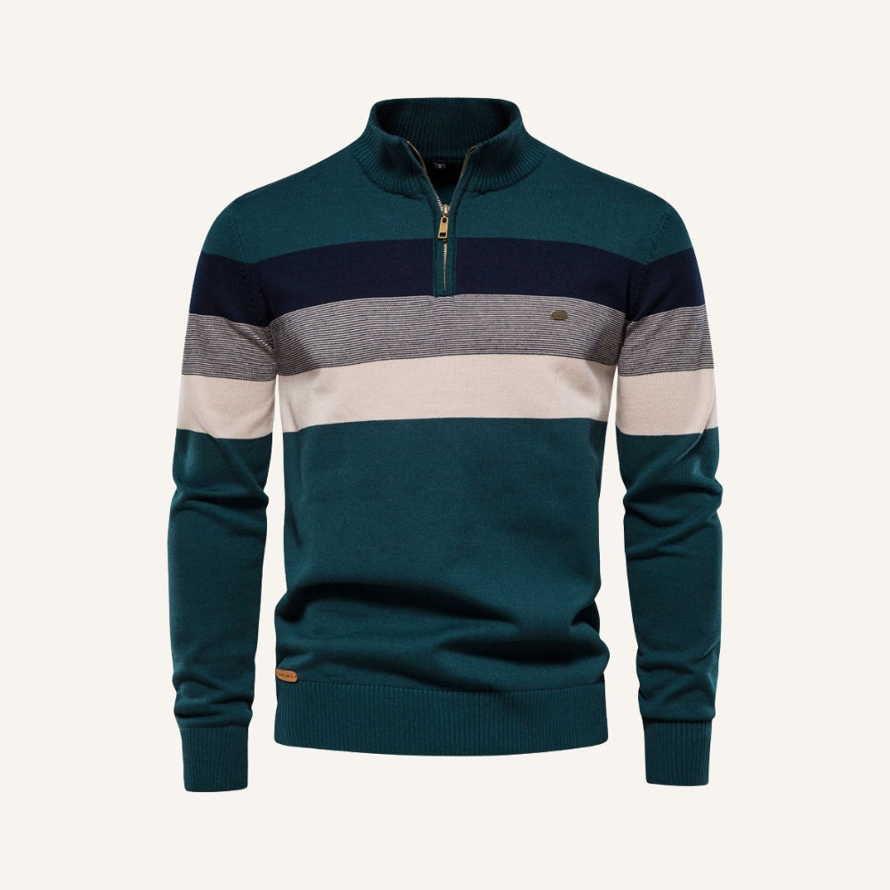 St. Martin Co Broad-Stripe Quarter-Zip Knit in Navy — detail view