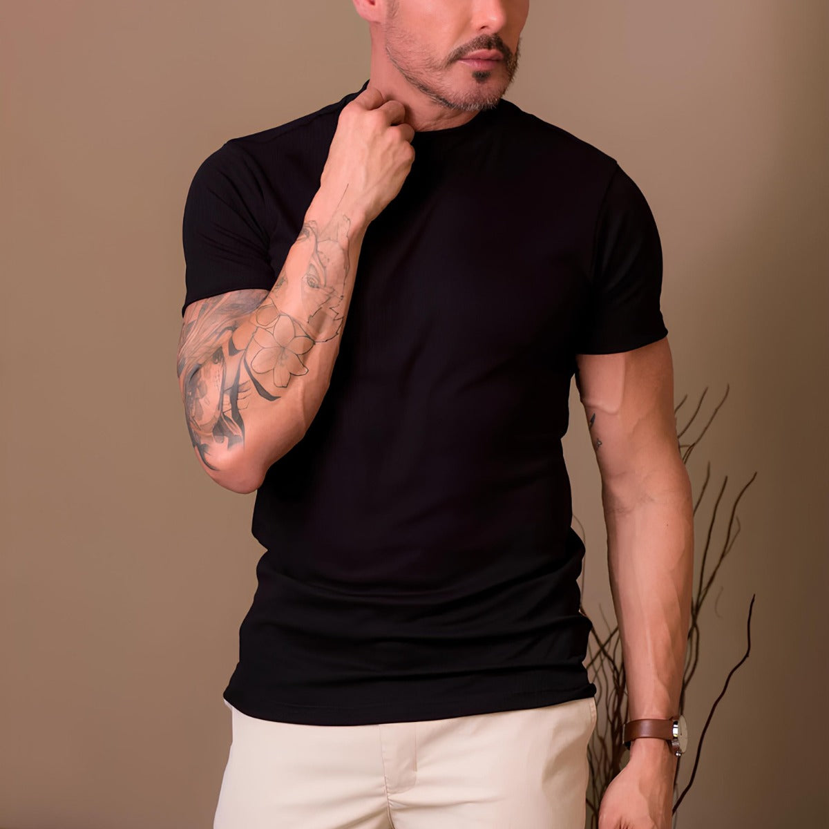 St. Martin Co Black Ribbed Knit Crew-Neck Tee — detail view