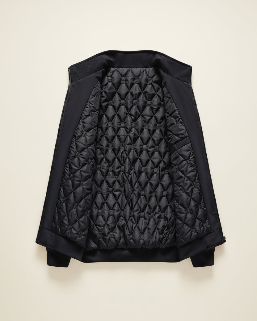 St. Martin Co Quilted-Lined Black Bomber in Refined Form — detail view
