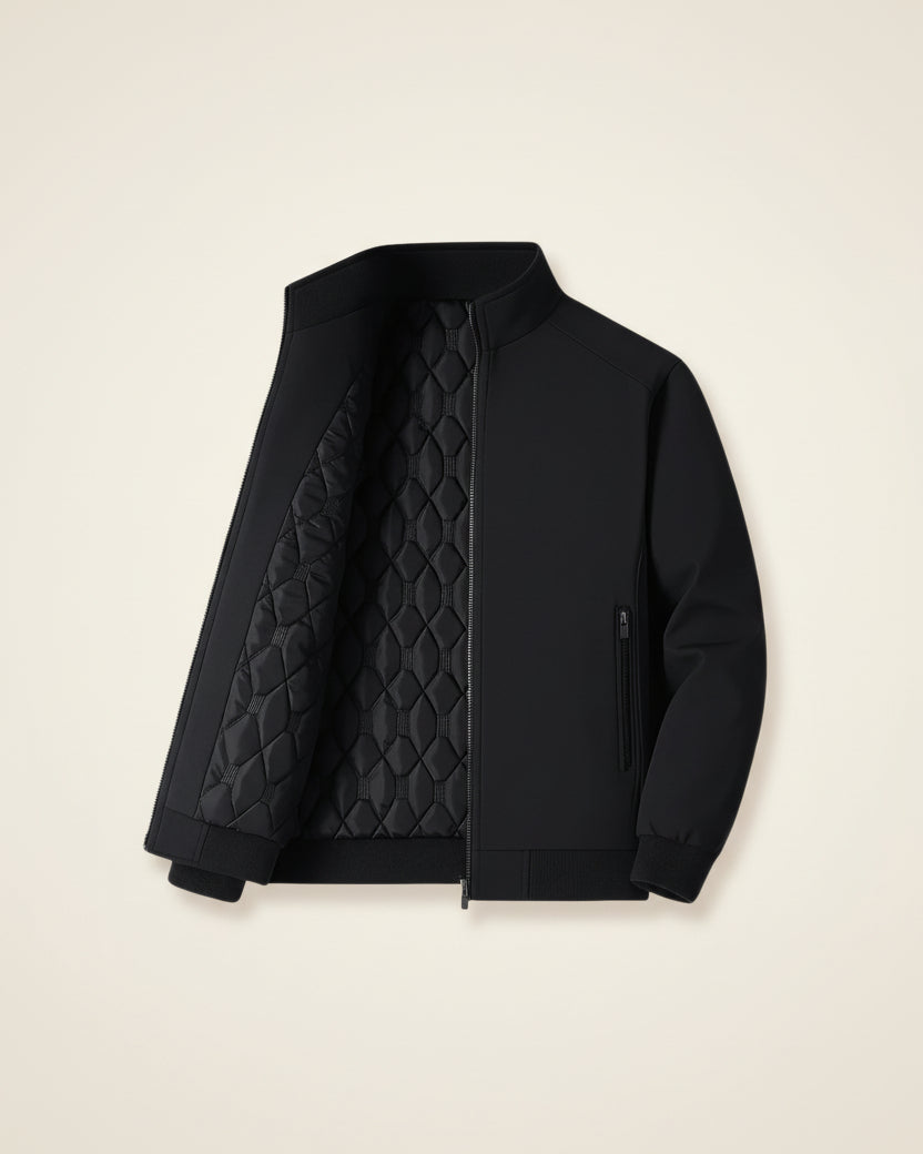 St. Martin Co Quilted-Lined Black Bomber in Refined Form — detail view