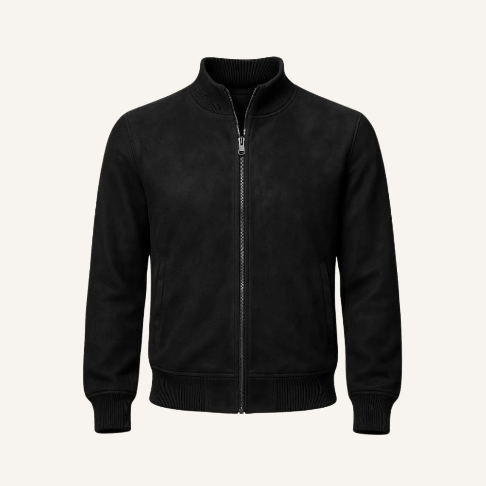 St. Martin Co Black Suede Bomber With Ribbed Trim — front view