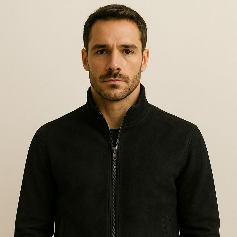 St. Martin Co Black Suede Bomber With Ribbed Trim — back view