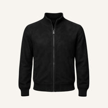 St. Martin Co Black Suede Bomber With Ribbed Trim — front view