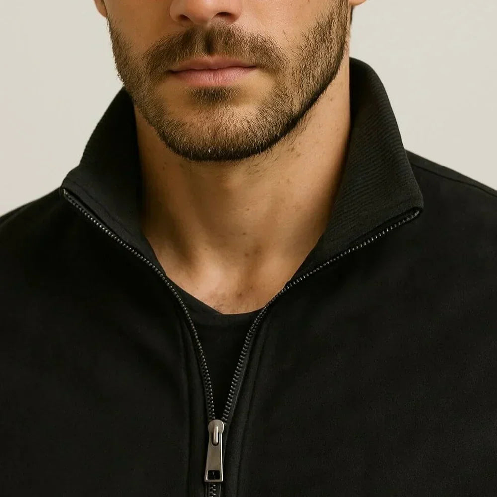 St. Martin Co Black Suede Bomber With Ribbed Trim — side view