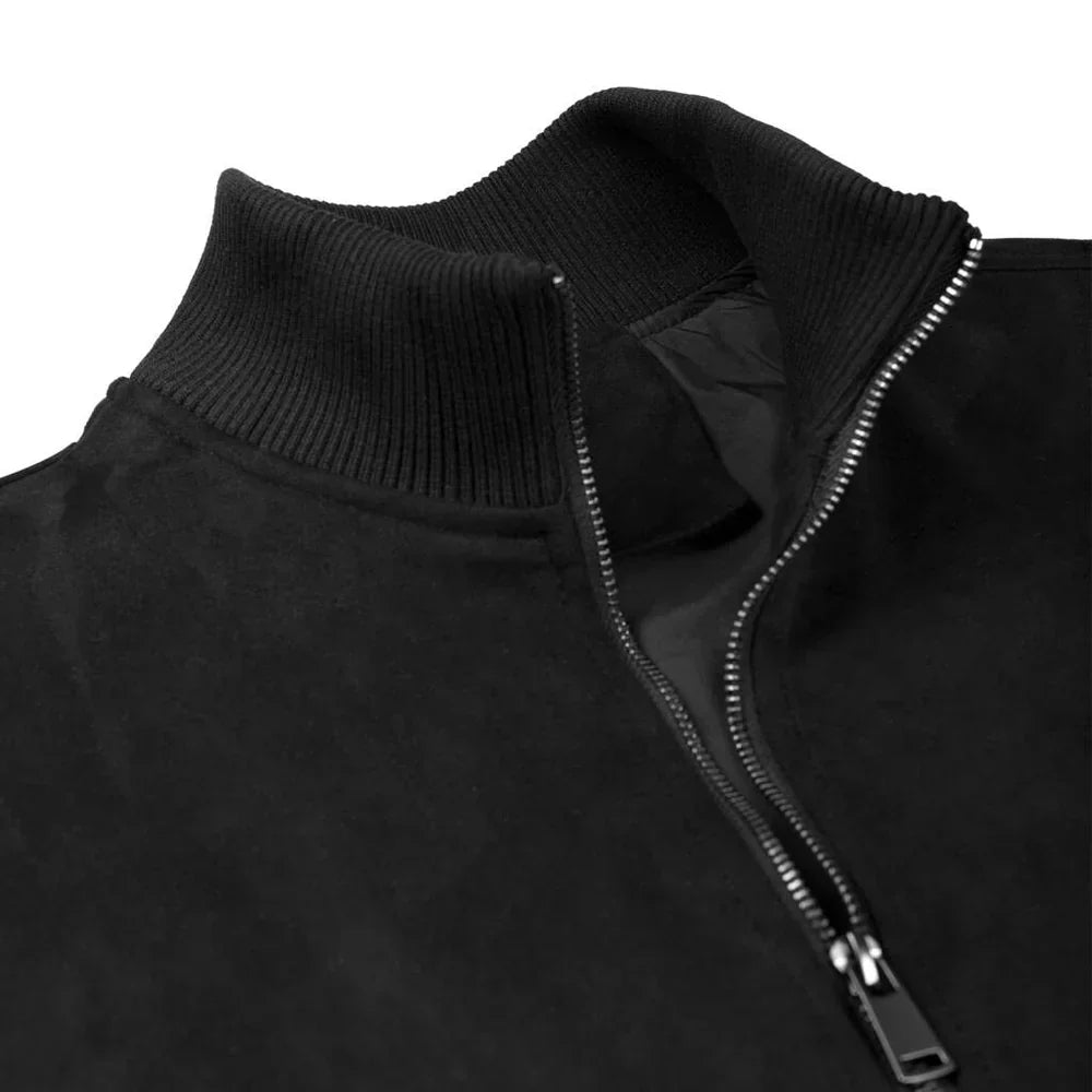 St. Martin Co Black Suede Bomber With Ribbed Trim — detail view