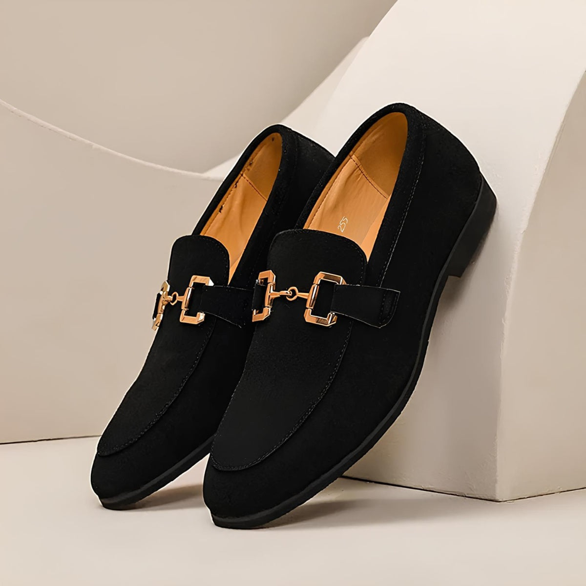 St. Martin Co Black Suede Gold-Bit Dress Loafer — side view