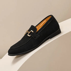 St. Martin Co Black Suede Gold-Bit Dress Loafer — detail view